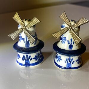 Vintage Delft Windmill Salt and Pepper Shakers Blue and White Ceramic Holland